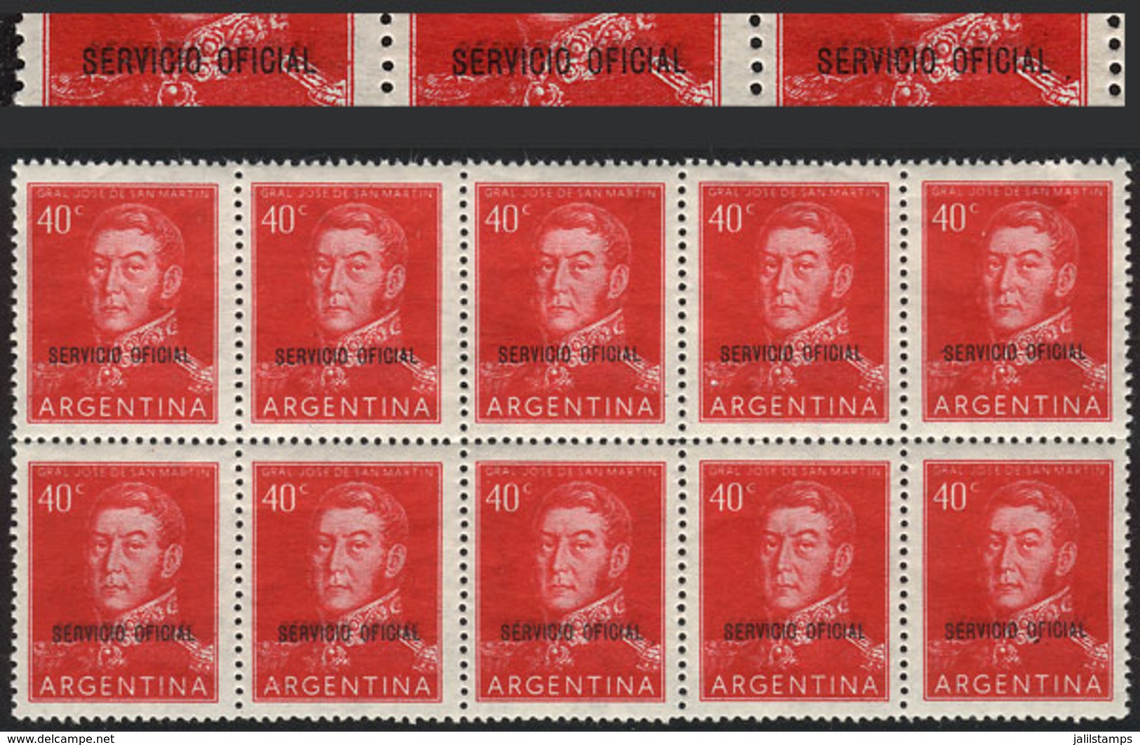 395 ARGENTINA: GJ.715, Block Of 10 Stamps, The Lower Stamps With DOUBLE OVERPRINT Va - Oficiales