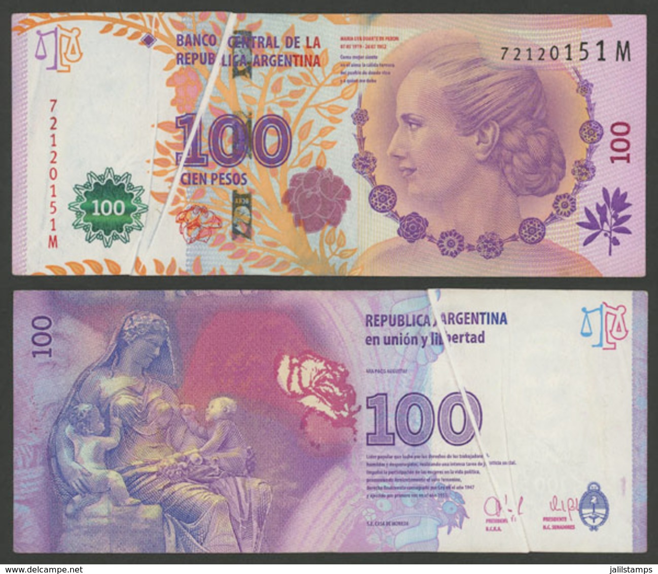 569 ARGENTINA: Banknote Of 100P. In Circulation, With VARIETY: Notable PAPER FOLD, V - Otros & Sin Clasificación