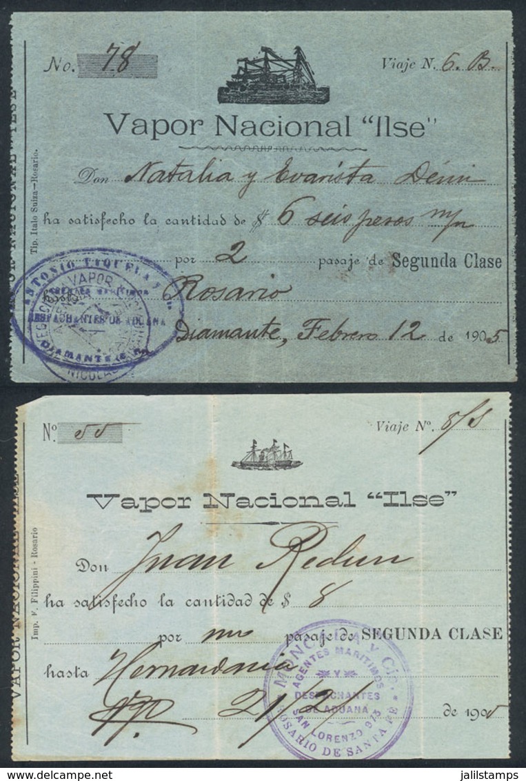 573 ARGENTINA: "2 Second-class Tickets For STEAMSHIP ""ILSE"", Year 1905, Rare!" - Otros & Sin Clasificación