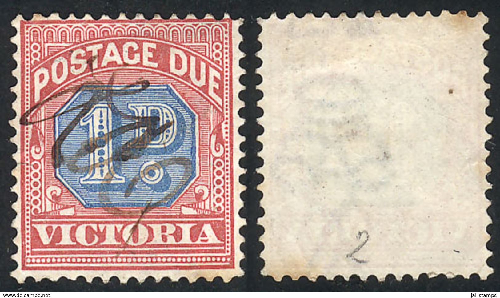 584 AUSTRALIA: Sc.J2, 1890 1p. Pen Cancelled, With Variety: INVERTED WATERMARK, Tiny - Used Stamps