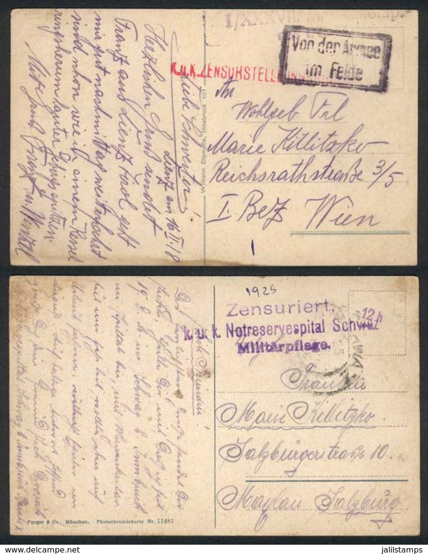 590 AUSTRIA: 2 Postcards Sent From The War Front In 1916/8, Stampless, And With Mili - Other & Unclassified