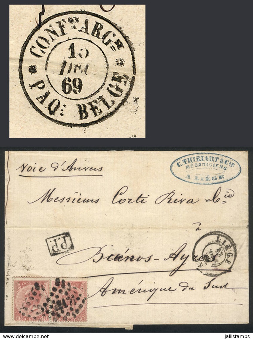 603 BELGIUM: "13/DE/1869 LIEGE - Argentina: Folded Cover Franked With Pair Sc.21 (Le - Sonstige & Ohne Zuordnung