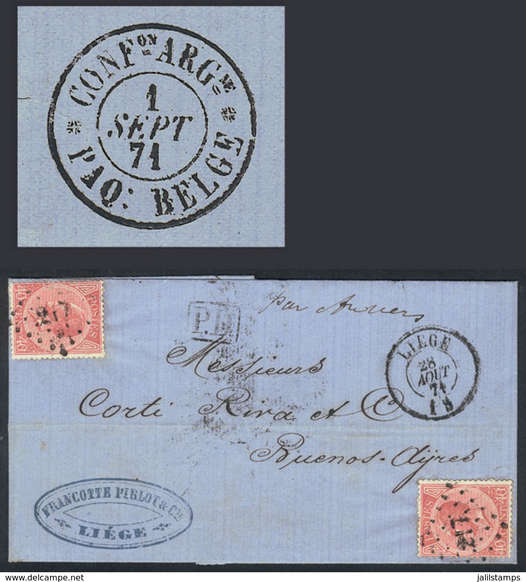 605 BELGIUM: "28/AU/1871 LIÉGE - Argentina: Entire Letter Franked With 2x Sc.21 (Leo - Otros & Sin Clasificación