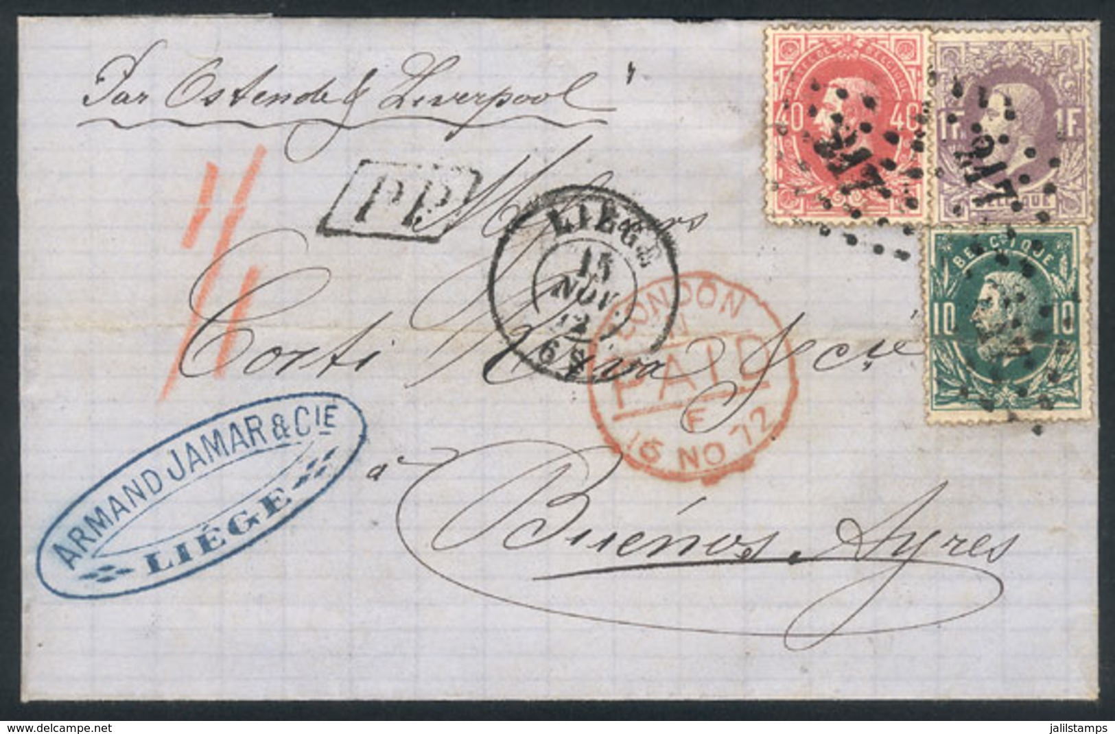 608 BELGIUM: "15/NO/1872 LIEGE - Argentina: Folded Cover Franked By Sc.32 + 35 + 36 - Other & Unclassified