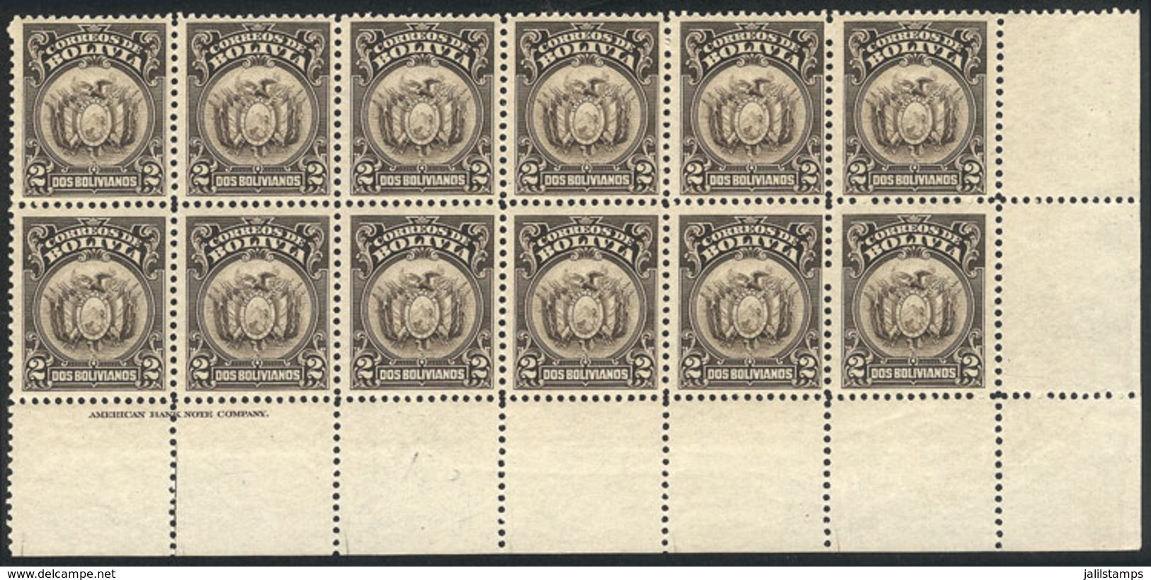 616 BOLIVIA: "Yvert 120A (Sc.127), 1919 2B. Sepia, Coat Of Arms, Large Corner Block - Bolivia
