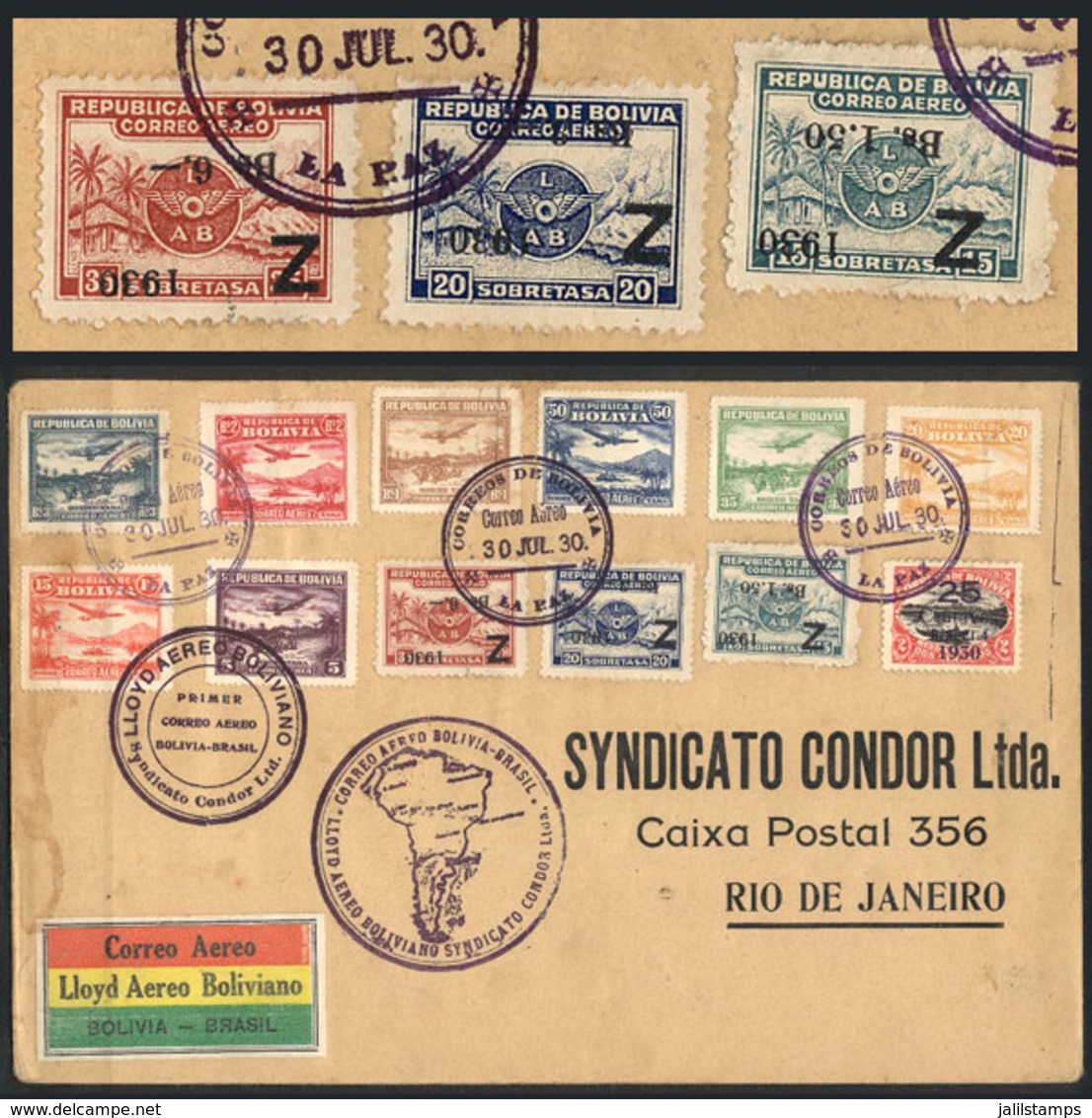 619 BOLIVIA: Sc.C24a + C25a + C26a, 1930 Zeppelin With INVERTED Overprint, The Extre - Bolivia