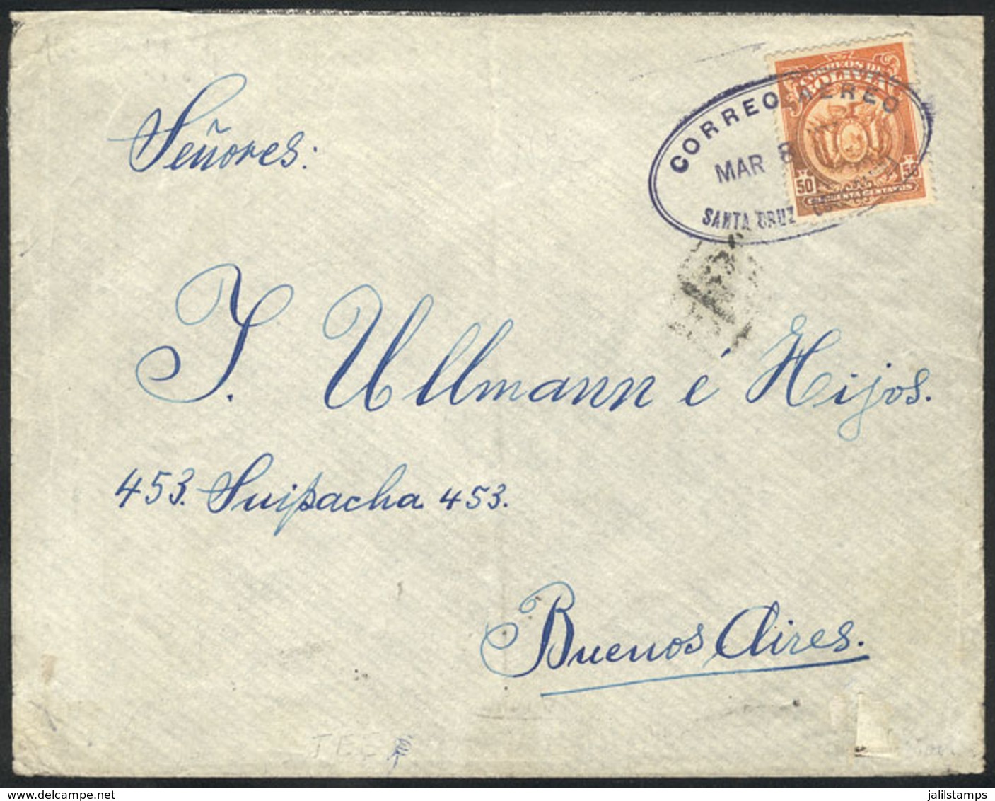 625 BOLIVIA: 8/MAR/1927 Cover Franked With 50c. And Flown Between Santa Cruz And Coc - Bolivie
