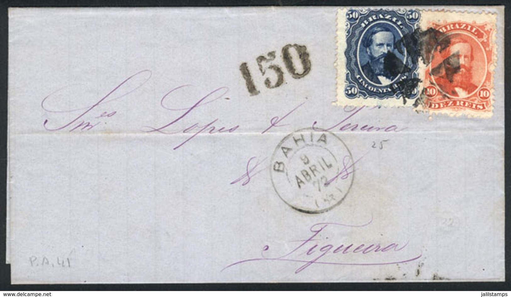 646 BRAZIL: 9/AP/1872 BAHIA-FIGUEIRA: Entire Letter Franked By Sc.53 + 56, Excellent - Otros & Sin Clasificación