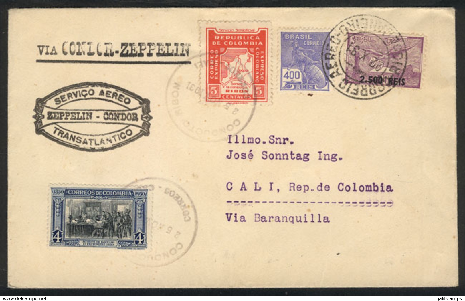 654 BRAZIL: ZEPPELIN: Cover From Rio To Cali, Colombia Via Fried. (Germany), 3rd Exp - Otros & Sin Clasificación