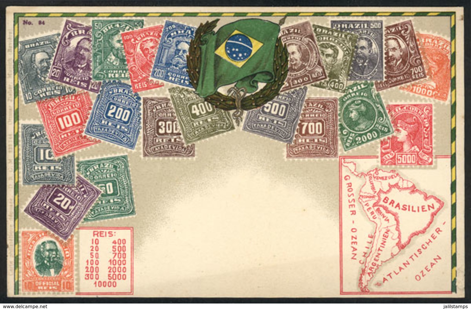 663 BRAZIL: Old PC Illustrated With Postage Stamps And Map Of The Country, Circa 191 - Other & Unclassified
