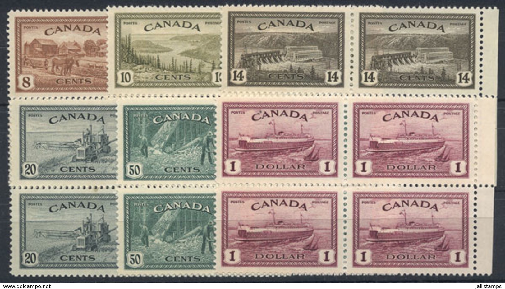 669 CANADA: Sc.268/273, 1946 Cmpl. Set Of 6 Values In MNH Blocks Of 4, Excellent Qua - Otros & Sin Clasificación