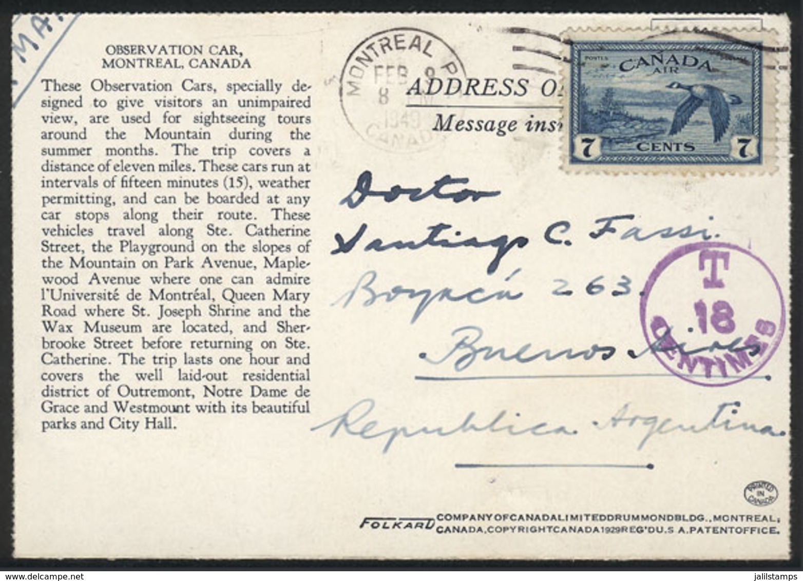 671 CANADA: Double Postcard Sent From Montreal To Argentina On 9/FE/1949 Franked Wit - Other & Unclassified