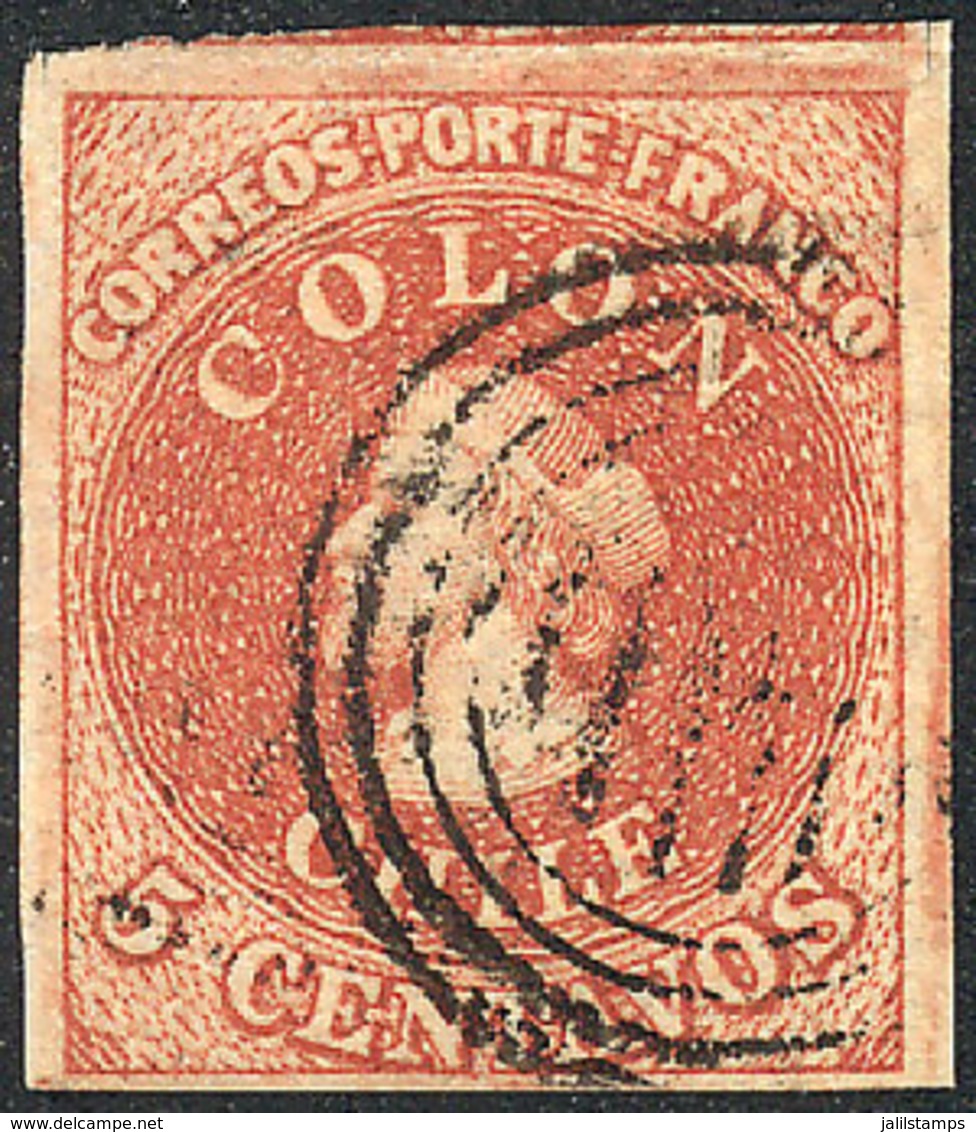 687 CHILE: Yvert 5, VERY THICK PAPER Variety, Inverted Watermark, Immense Margins, S - Chile