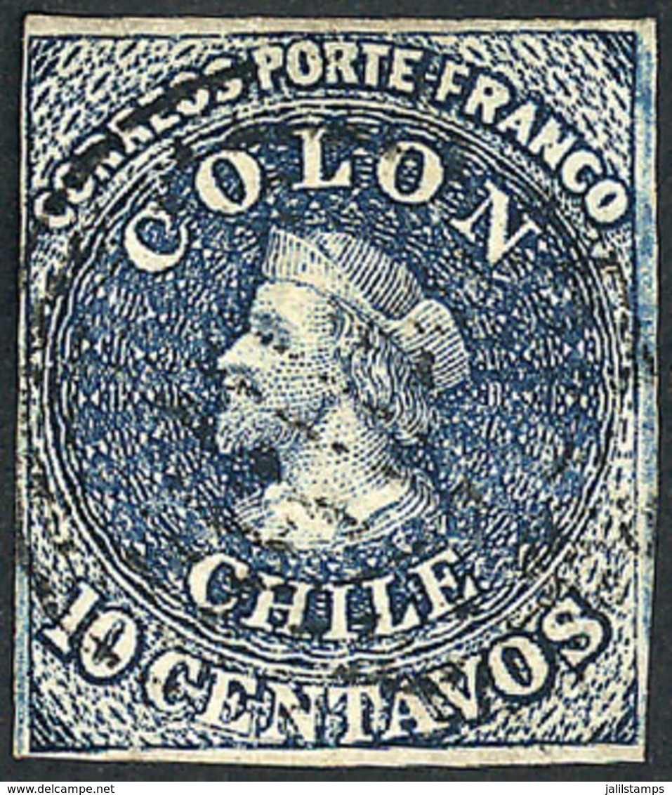 694 CHILE: Yvert 6a, 10c. Indigo, 4 Margins, VF Quality! - Chile