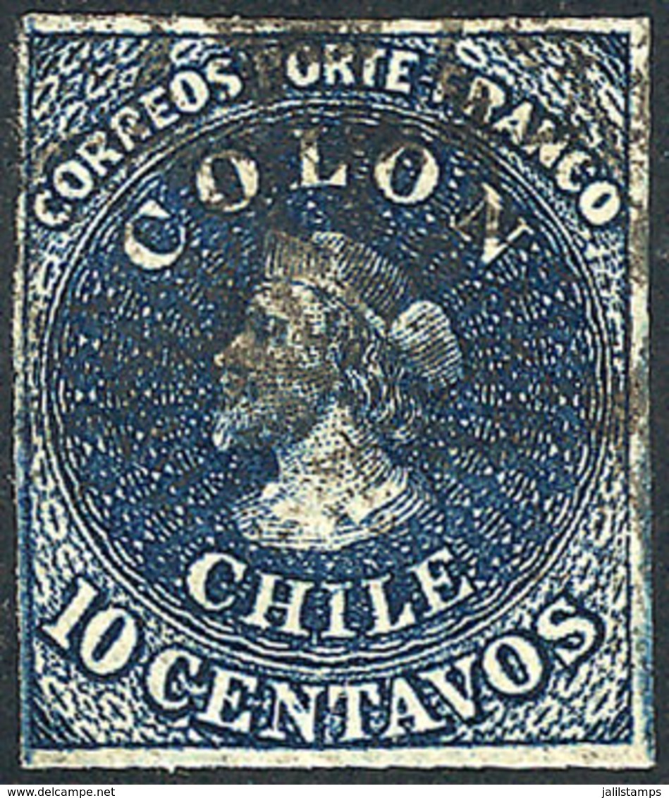 696 CHILE: Yvert 6d, 10c. Dark Blue, 4 Margins, Inverted Watermark, VF! - Chile