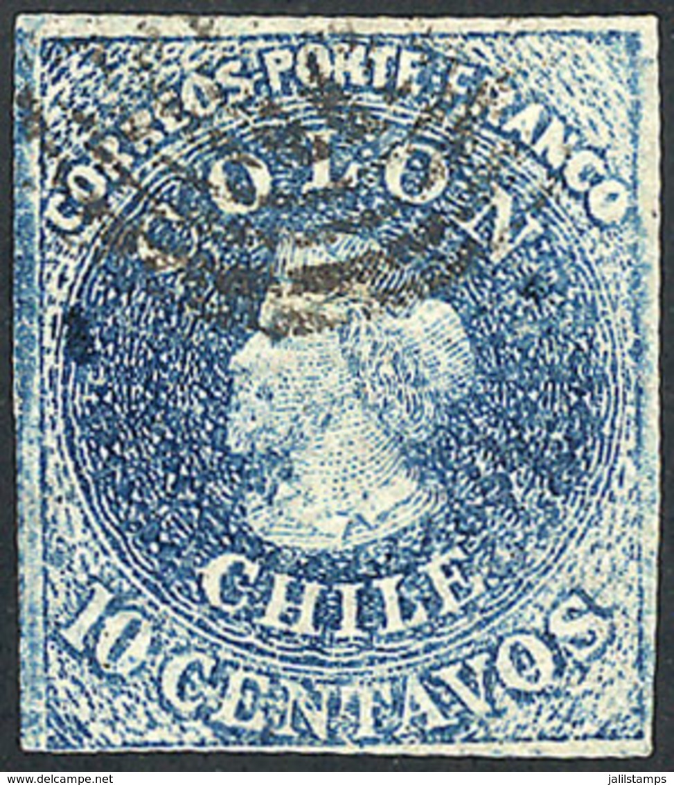 698 CHILE: Yvert 6, DIRTY PLATE Variety, With Blue Spots, 4 Wide Margins, Very Fine - Chile