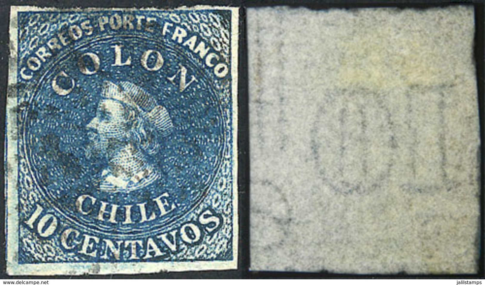 706 CHILE: Yvert 9, Watermark With Vertical Lines And Letters At Right, Position 60, - Chile