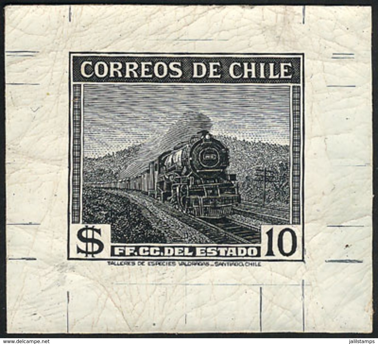 715 CHILE: Sc.209, 1938/40 10P. Railways, Die Proof In Green-black, Excellent Qualit - Chile