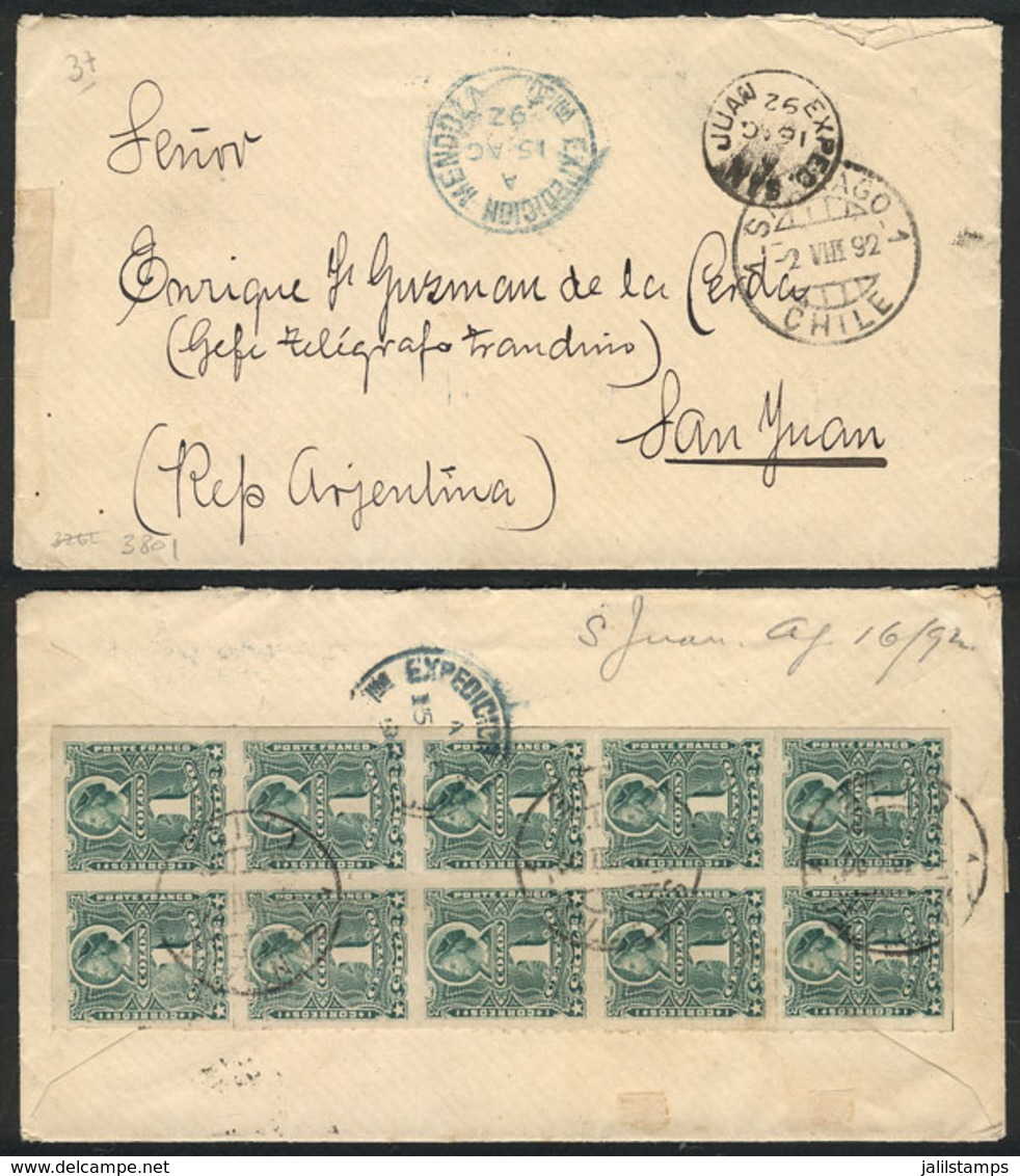 722 CHILE: 2/AU/1892 Santiago - San Juan (Argentina), Cover Franked On Back With Blo - Chile