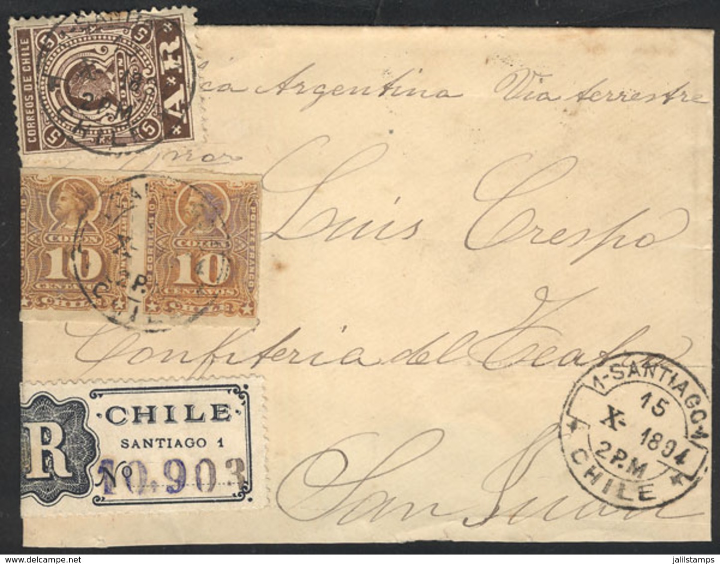 723 CHILE: Cover Sent From Santiago To San Juan (Argentina) On 15/OC/1894 By Registe - Chile