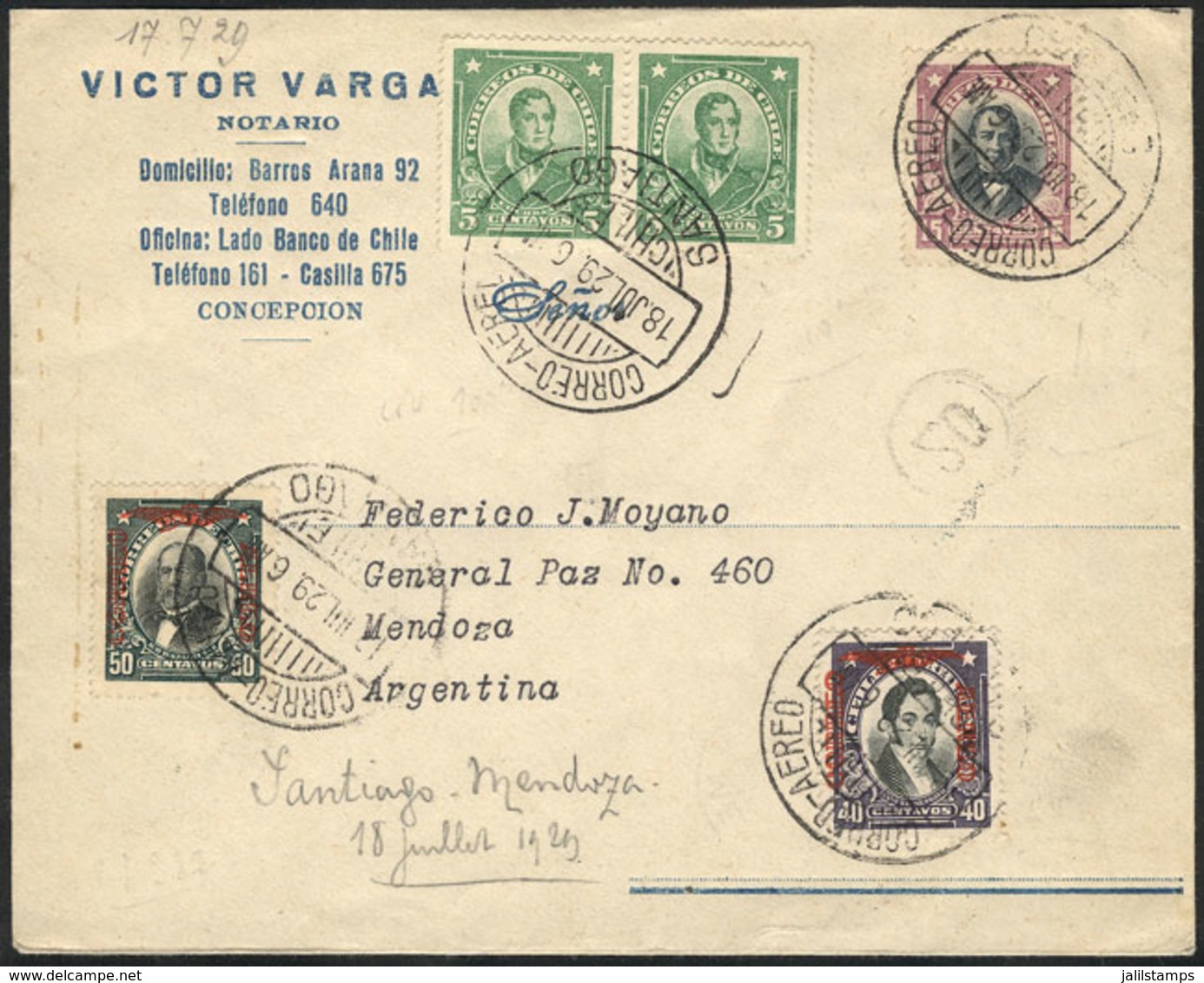 725 CHILE: 18/JUL/1929 First Airmail Santiago - Mendoza, By Mermoz, With Special Vio - Chile