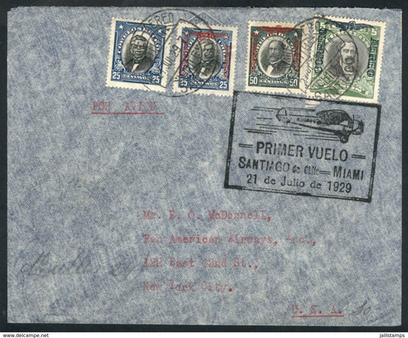 726 CHILE: 21/JUL/1929 First Flight Santiago - Miami, Cover Of VF Quality! - Chile