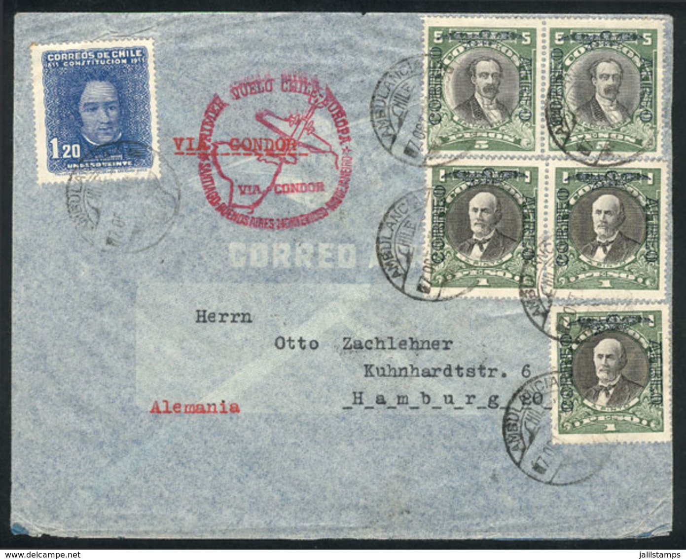 727 CHILE: "Airmail Cover Sent To Germany On 7/OC/1935 With Nice Franking Of 14.20P. - Chile