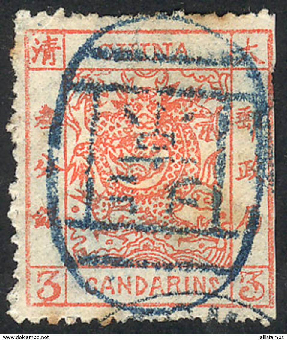 731 CHINA: Sc.8a, 1883 3c. Vermilion, Used, Right Margin Trimmed With Scissors, Mino - Autres & Non Classés