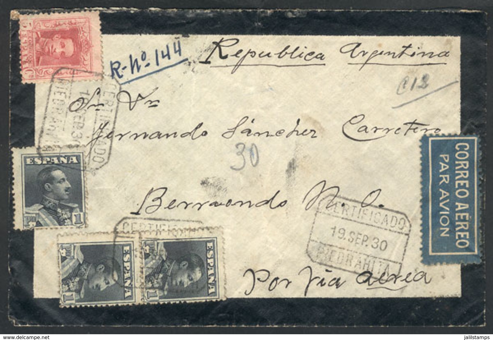 777 SPAIN: Registered Airmail Cover Sent From PIEDRAHITA To Argentina On 19/SE/1930 - Otros & Sin Clasificación