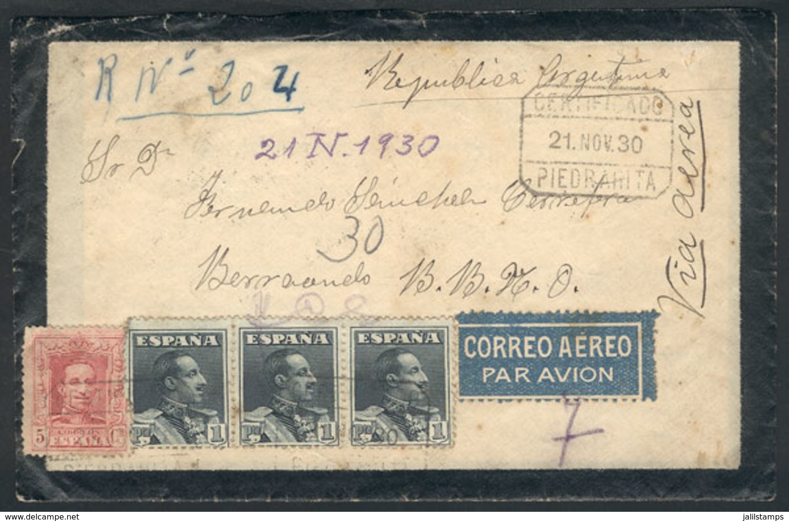 778 SPAIN: Registered Airmail Cover Sent From PIEDRAHITA To Argentina On 21/NO/1930 - Otros & Sin Clasificación