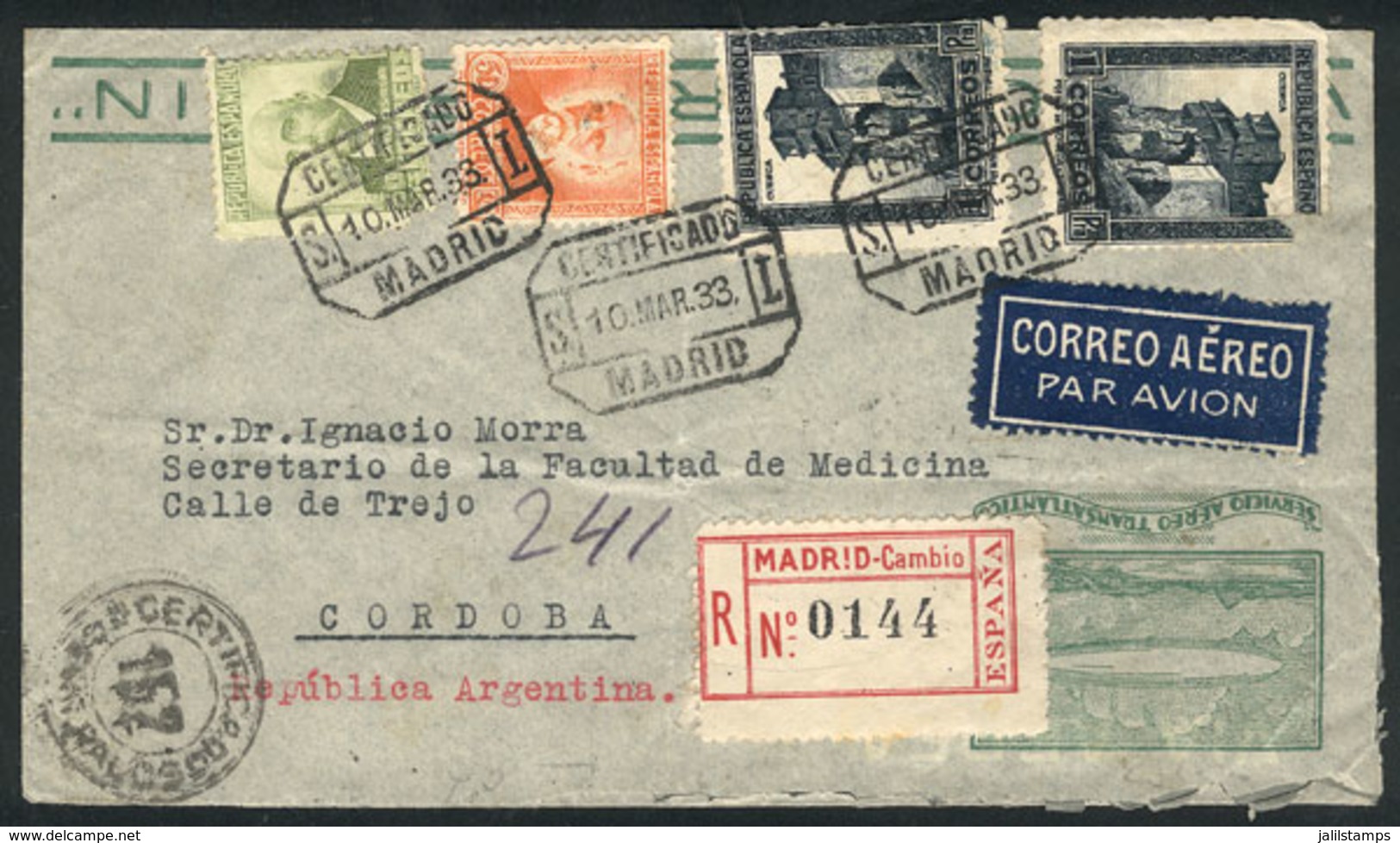 780 SPAIN: Registered Airmail Cover Sent From Madrid To Córdoba (Argentina) On 10/MA - Otros & Sin Clasificación