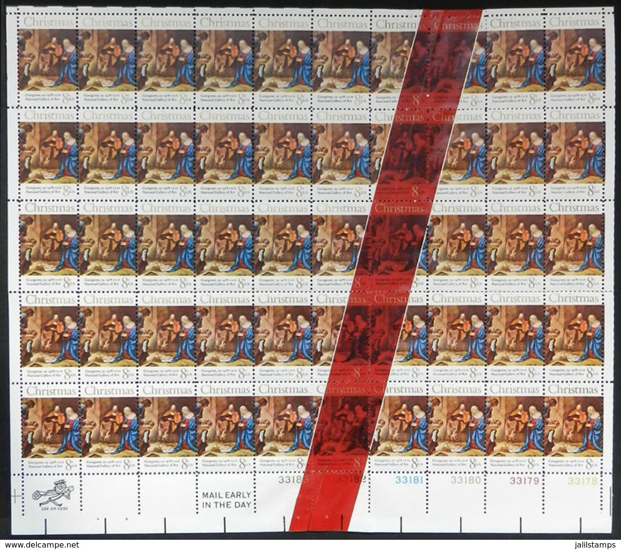 792 UNITED STATES: Sc.1444, 1971 8c. Christmas, Complete Sheet Of 50 Stamps With Red - Other & Unclassified