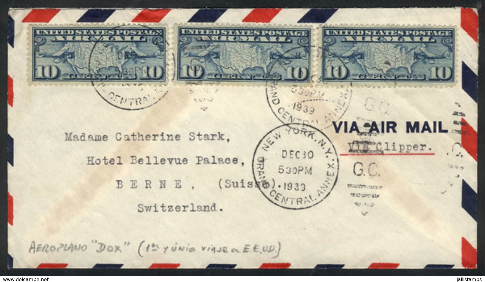 798 UNITED STATES: 30/DE/1939 New York - Switzerland, Cover Flown On DO-X Seaplane, - Postal History