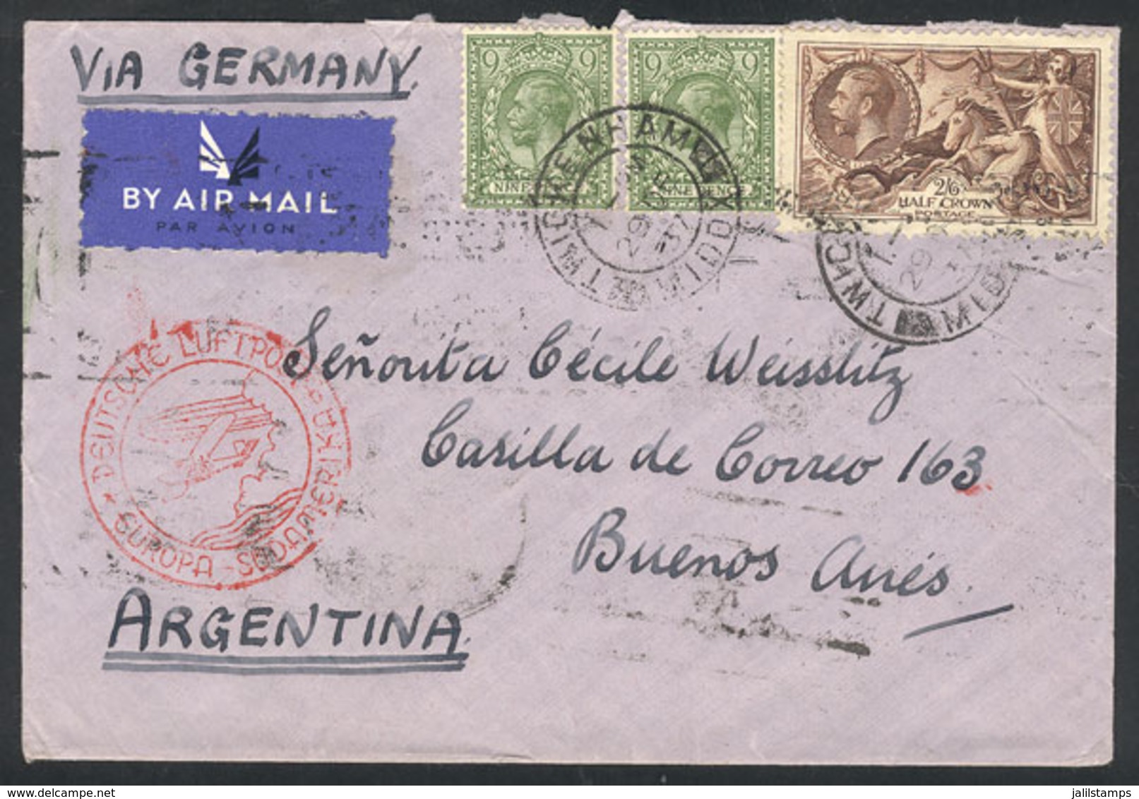 833 GREAT BRITAIN: Airmail Cover Sent To Buenos Aires On 29/DE/1937 By Germany DLH, - ...-1840 Precursores