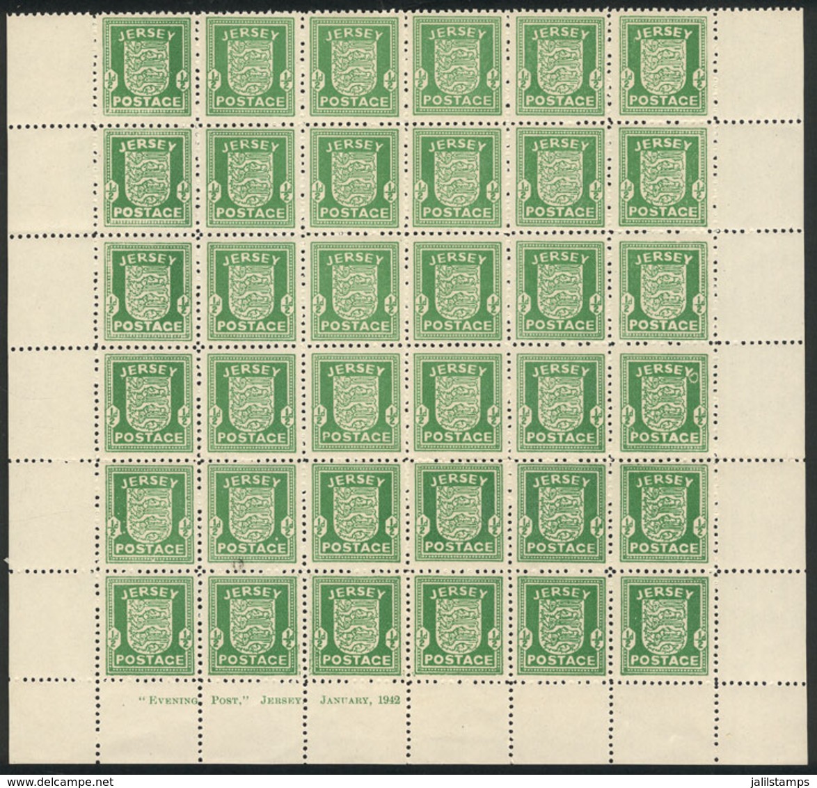 840 GREAT BRITAIN - JERSET: Yvert 1a, 1941 ½p. Green On Gray Paper, MNH Block Of 36, - Sin Clasificación