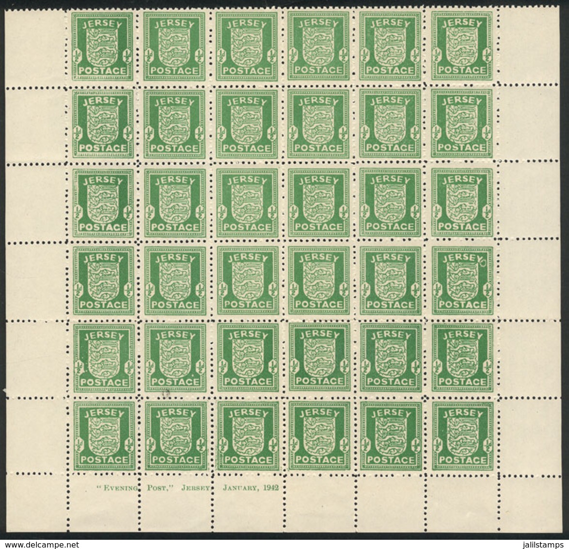 840 GREAT BRITAIN - JERSET: Yvert 1a, 1941 ½p. Green On Gray Paper, MNH Block Of 36, - Unclassified