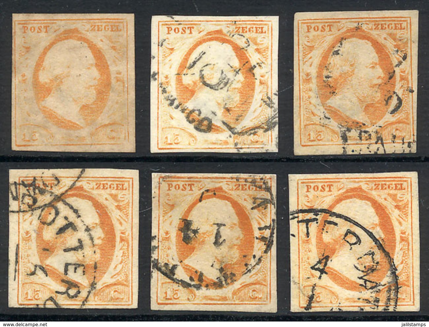 849 NETHERLANDS: Yv.3, 1852 William III 15c. Orange, 6 Examples, One Is Mint. All Wi - Otros & Sin Clasificación