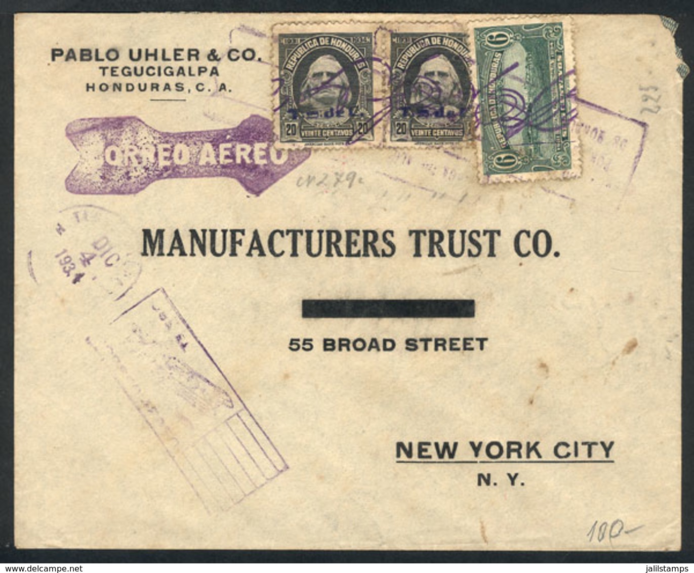 855 HONDURAS: Airmail Cover Sent From Tegucigalpa To New York On 4/DE/1934, Nice Pos - Honduras