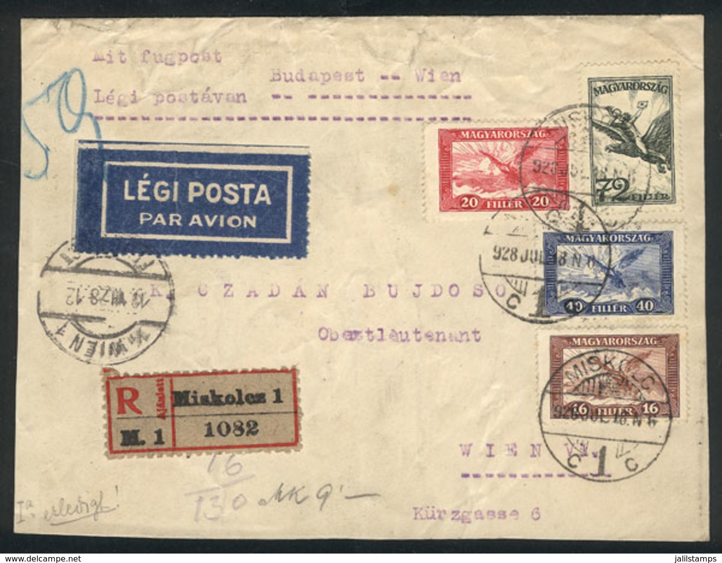 858 HUNGARY: 18/JUL/1928 Budapest - Wien Flight, Registered Cover, Nice Postage, Wit - Sonstige & Ohne Zuordnung