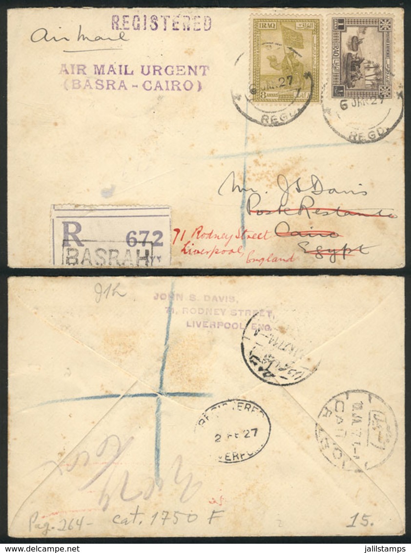 868 IRAQ: Registered Airmail Cover Sent From Basrah To Cairo (Egypt) On 6/JA/1927 An - Iraq