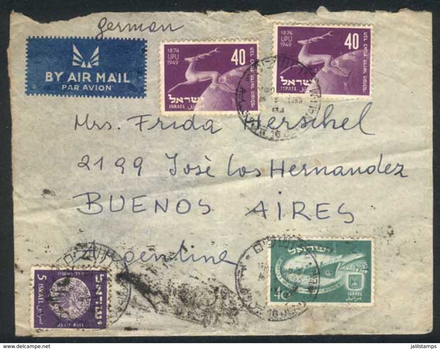 883 ISRAEL: Cover Sent To Argentina On 25/MAY/1950 With Interesting Postage, The Bac - Other & Unclassified