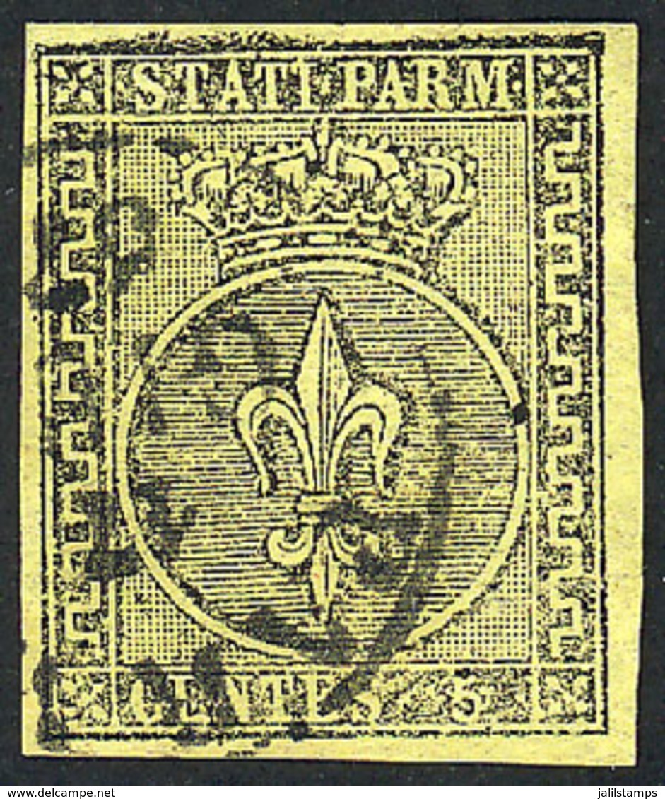 916 ITALY: Sc.1, 1852 5c. Black On Yellow, Used, Excellent Quality, Signed By Enzo D - Parma