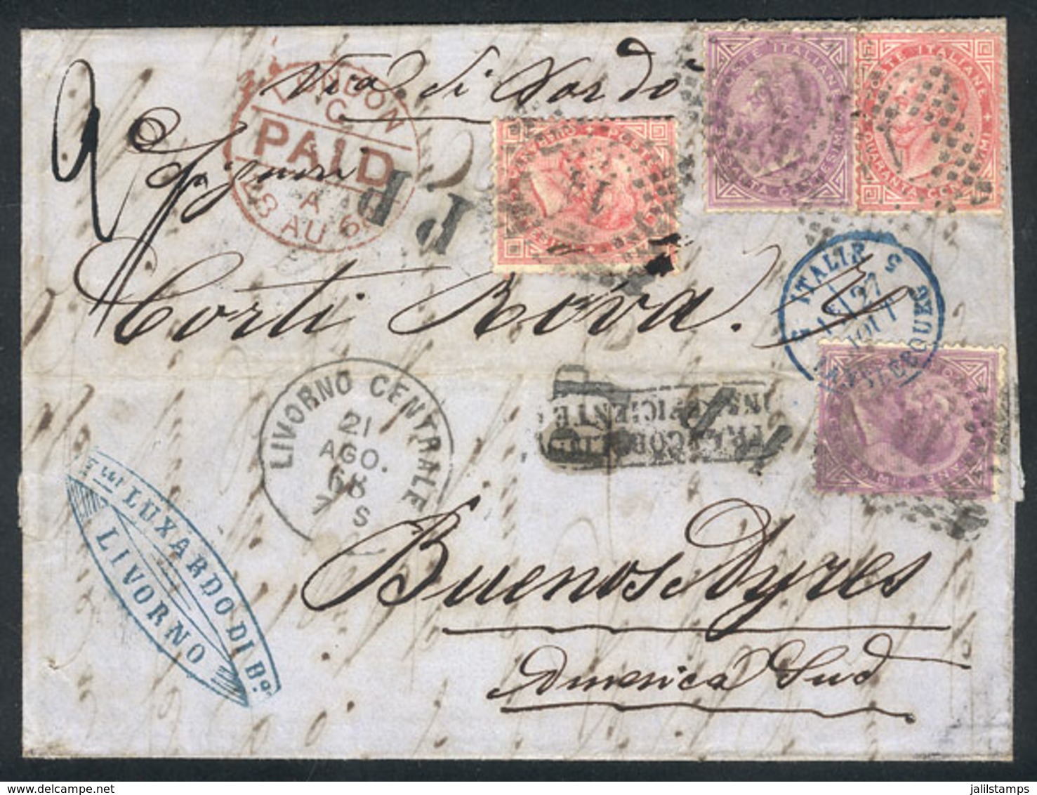 975 ITALY: "21/AU/1868 LIVORNO - Argentina: Entire Letter Franked With 2x 40c. + 2x - Unclassified