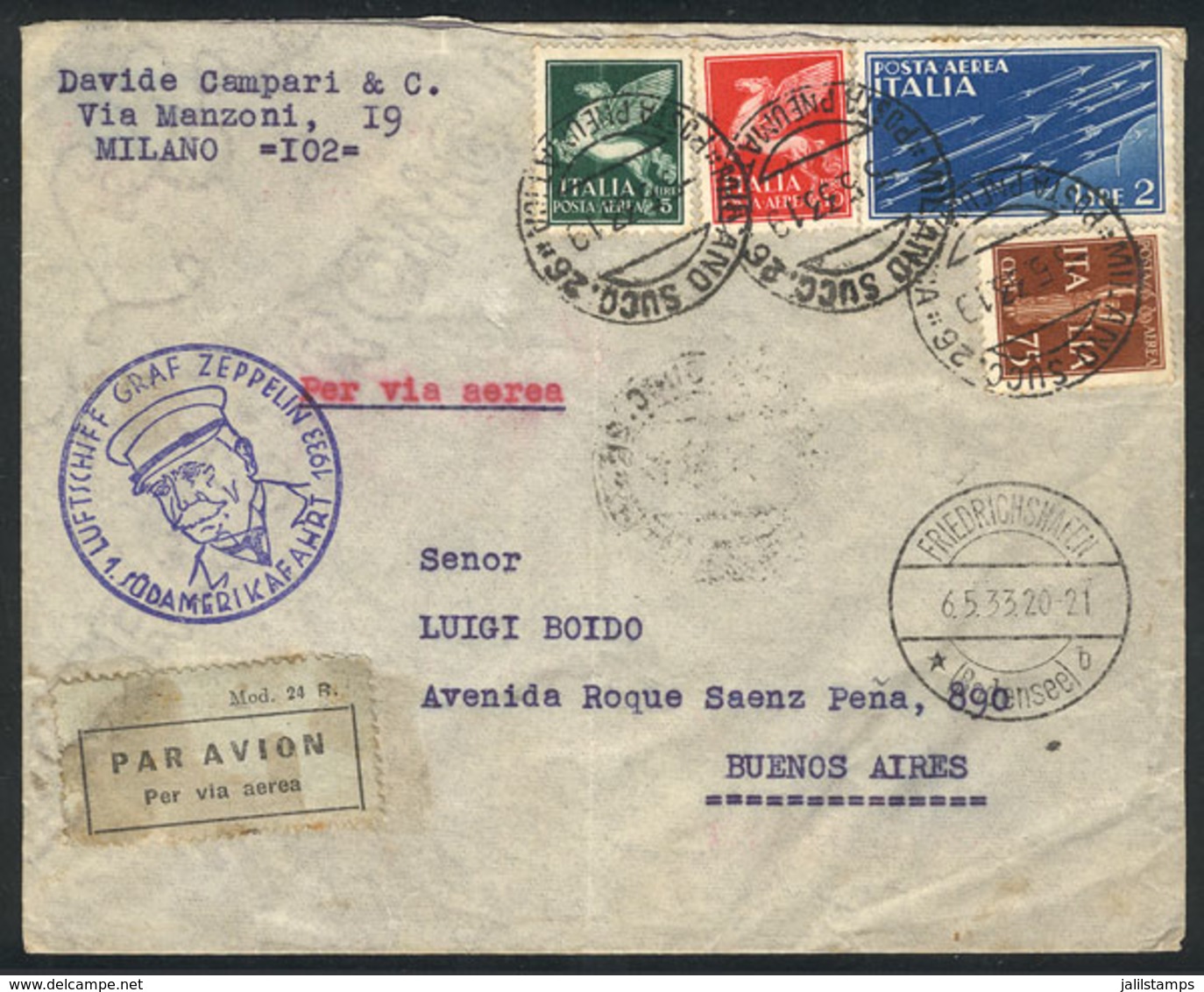 985 ITALY: Cover Flown By ZEPPELIN, Sent From Milano To Buenos Aires On 5/MAY/1933, - Sin Clasificación