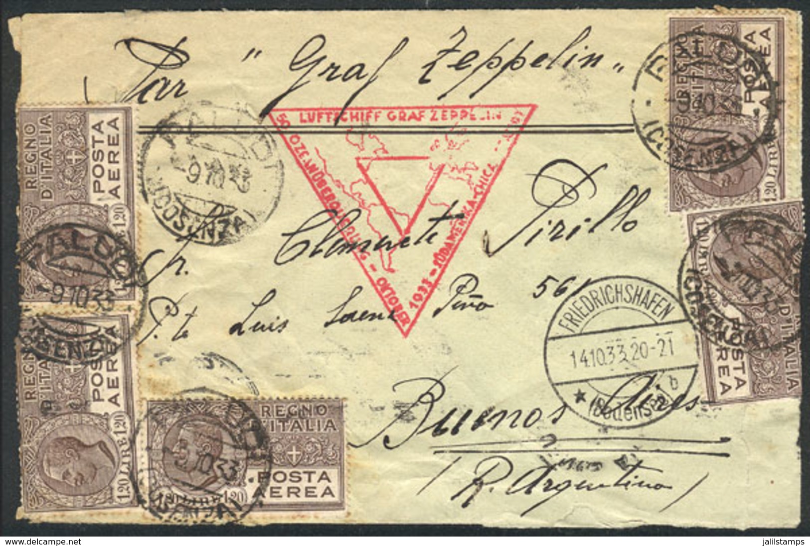 986 ITALY: Cover Sent VIA ZEPPELIN From Paludi To Buenos Aires On 9/OC/1933, Friedri - Sin Clasificación