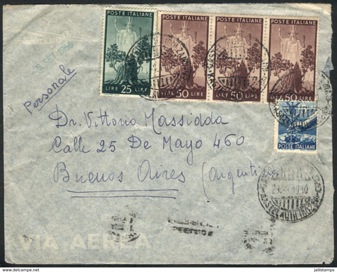 994 ITALY: Airmail Cover Sent To Argentina On 23/AU/1950 Franked With 190L., Very Ni - Sin Clasificación