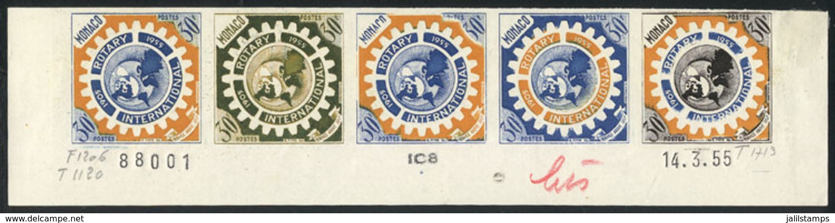 1037 MONACO: Yv.440, 1955 Rotary, Imperf Strip Of 5, COLOR PROOFS, VF! - Other & Unclassified