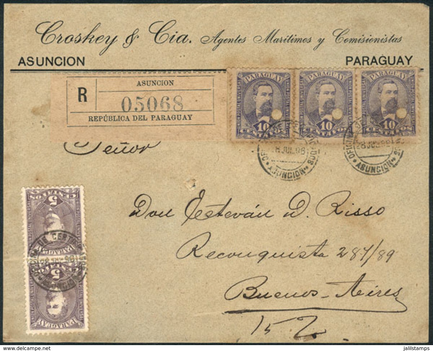 1079 PARAGUAY: Front Of A Registered Cover Franked With 40c., Sent From Asunción To B - Paraguay