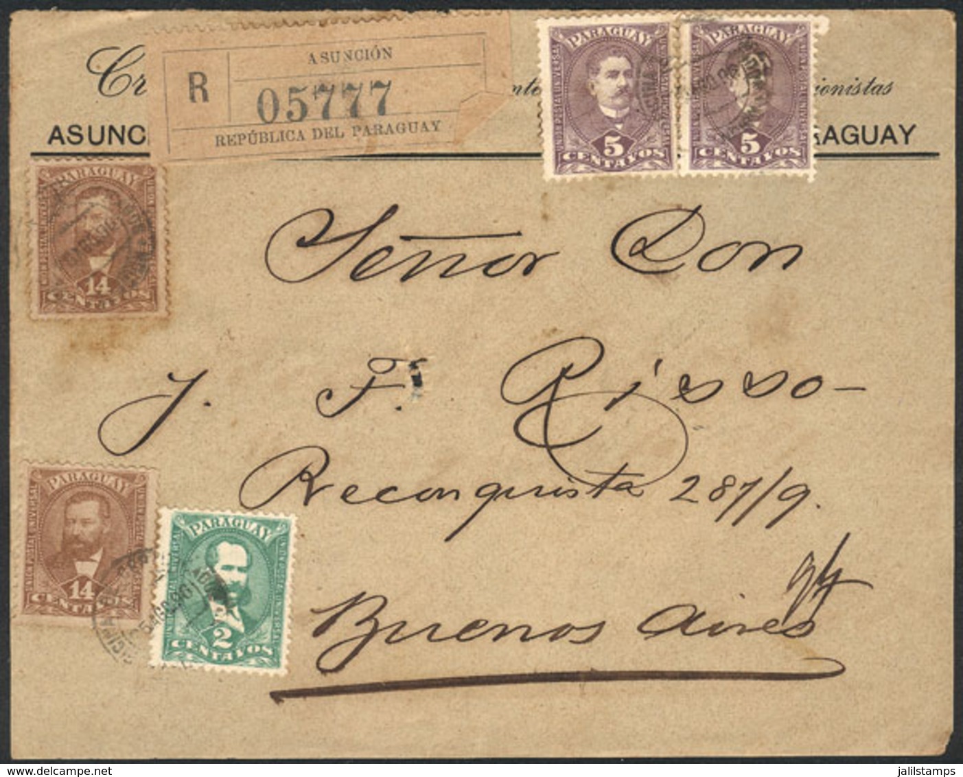 1081 PARAGUAY: Front Of A Registered Cover Franked With 40c., Sent From Asunción To B - Paraguay