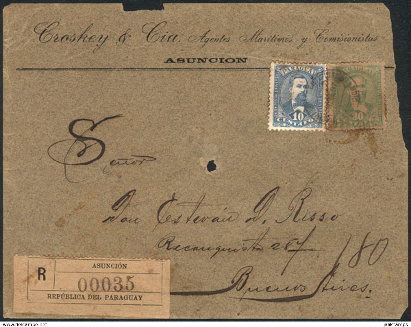 1083 PARAGUAY: Front Of A Registered Cover Franked With 40c., Sent To Buenos Aires On - Paraguay